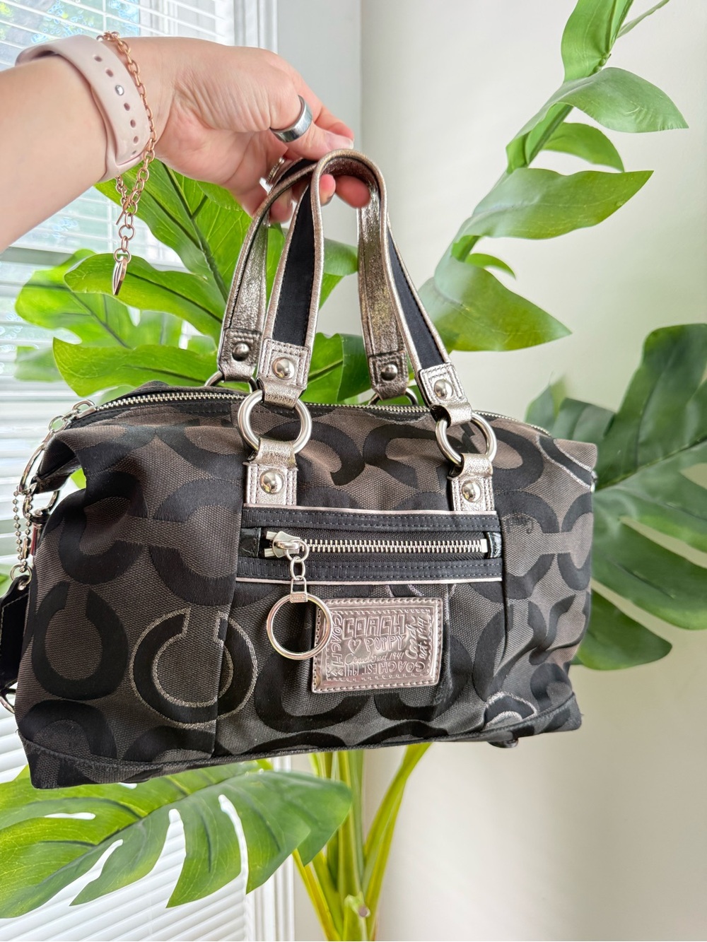 Coach Poppy Satchel Bag 15863 Black Silver Jacquard Metallic Trim Handbag Y2K